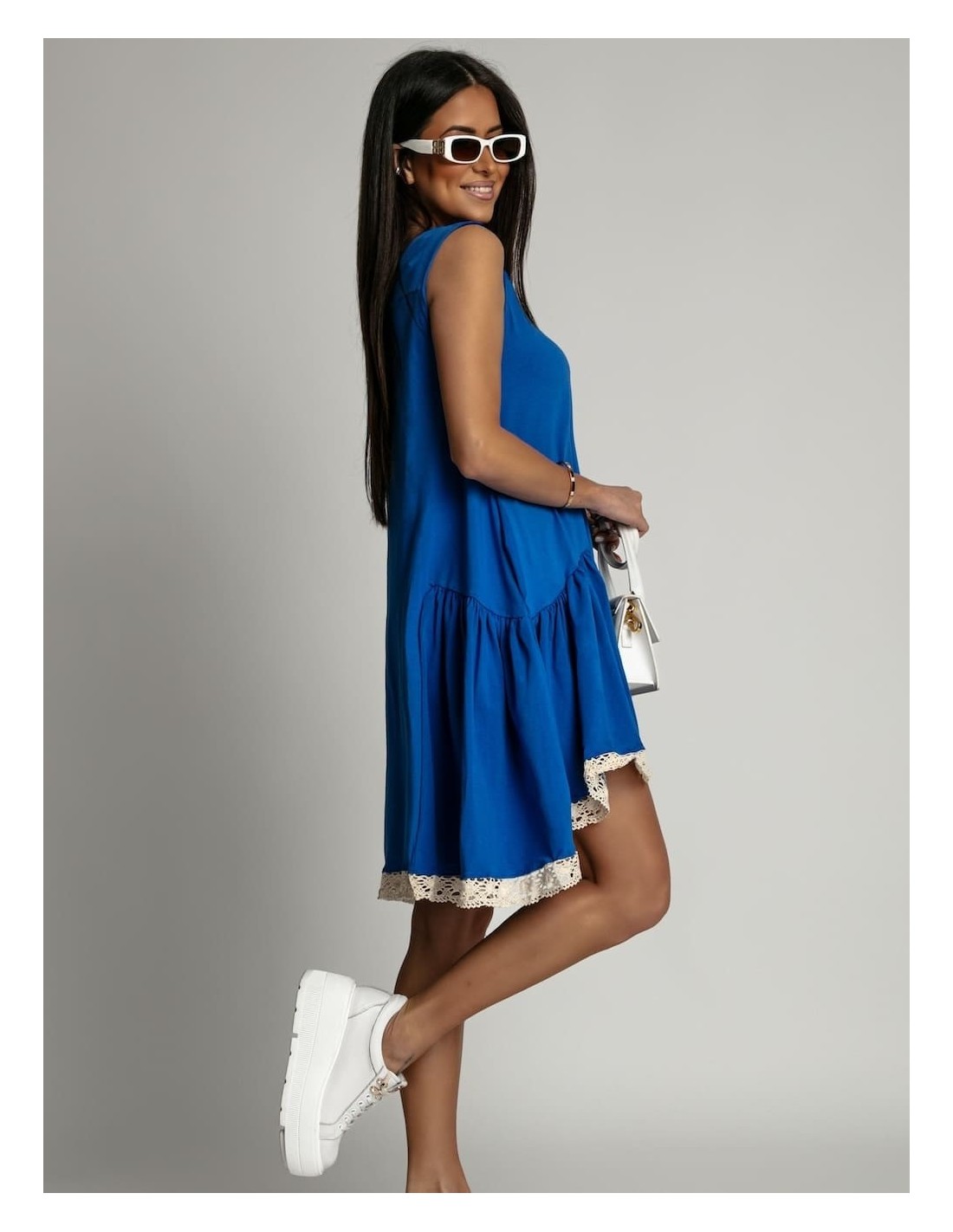 Dress with ruffles and guipure cornflower blue 2571 - Online store - Boutique